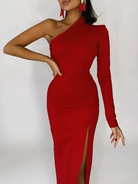 Women’s Evening Gown – One Shoulder – Long Sleeve – High Slit – Elegant Fit