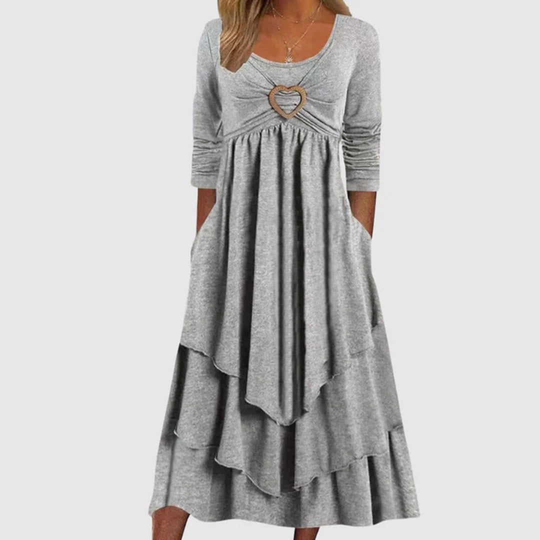 Women’s Tiered Dress – Three-Quarter Sleeve – Knotted Detail – Relaxed Fit – Midi Length