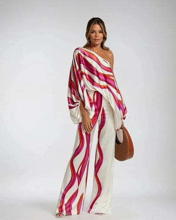 Women’s Blouse and Trousers Set – Silk – One-Shoulder Top – Wide-Leg High Waist Fit