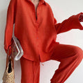 Blouse with Wide-Leg Pants: Flowy linen set for women. Breathable, sustainable, relaxed fit for all-season style.