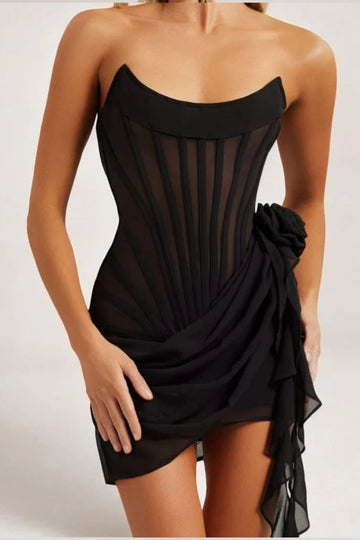 Women’s Mini Dress – Strapless – Sheer Fabric – Boned Bodice – Draped Rosette Detail