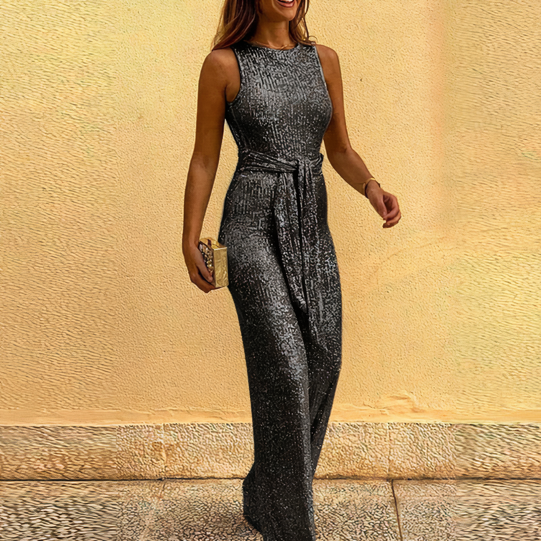 Women's Evening Gown - Sleeveless Full-Length - Shimmering Pattern Formal Dress - Fitted Bodice & Flowing Skirt
