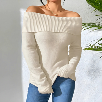 Women’s Off-Shoulder Sweatshirt – Slim Fit – Soft Knit – Ribbed Trim – Hip Length