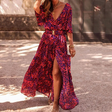 Women's Maxi Dress - Wrap Style - Deep V-Neck - High Slit - Belted Waist - Animal Print