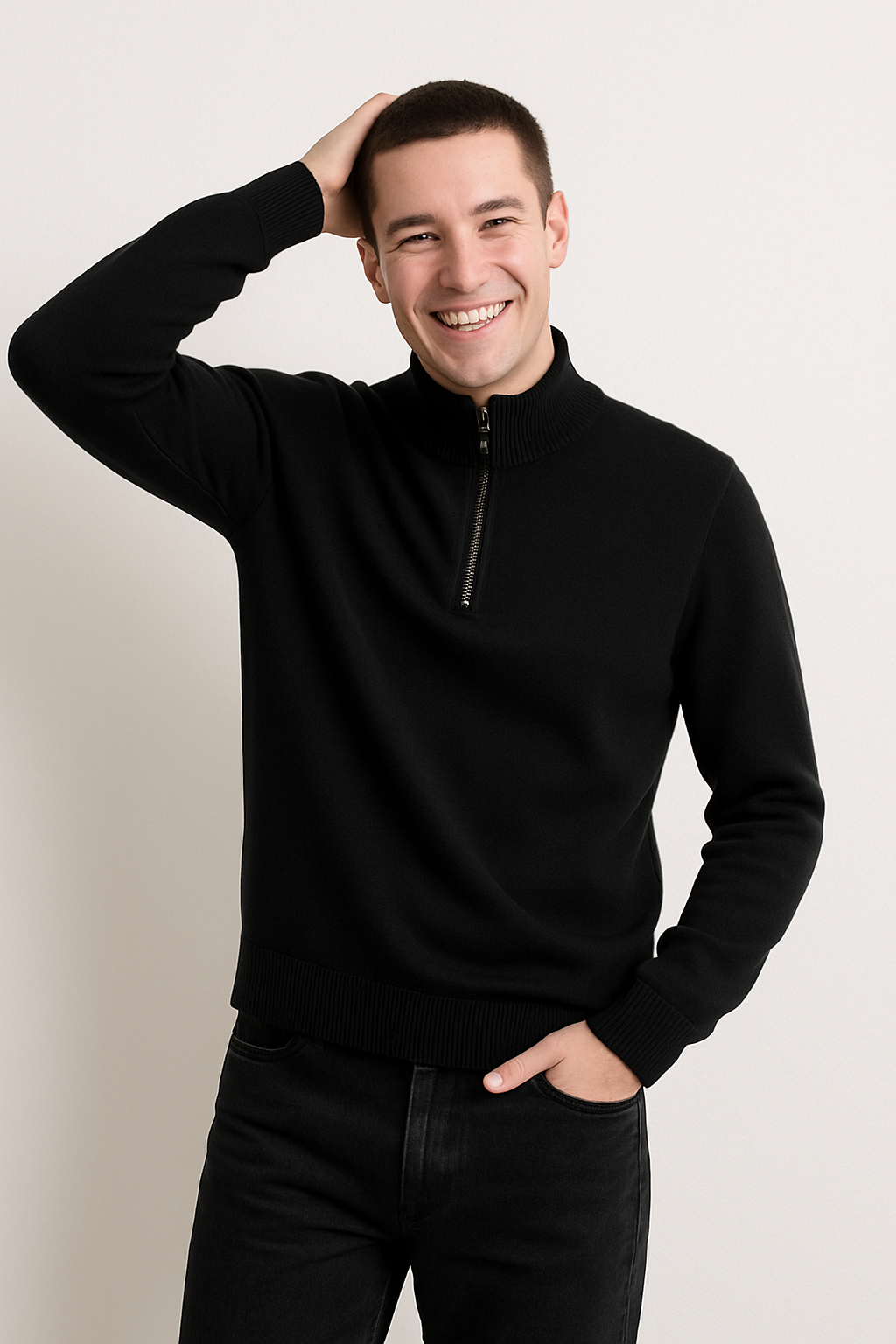 Men’s Half-Zip Sweater – Wool Blend Knit – Regular Fit – Ribbed Hem and Cuffs