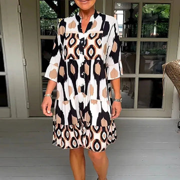Women's Midi Dress - Loose Fit - Mandarin Collar - 3/4 Sleeve - Geometric Print
