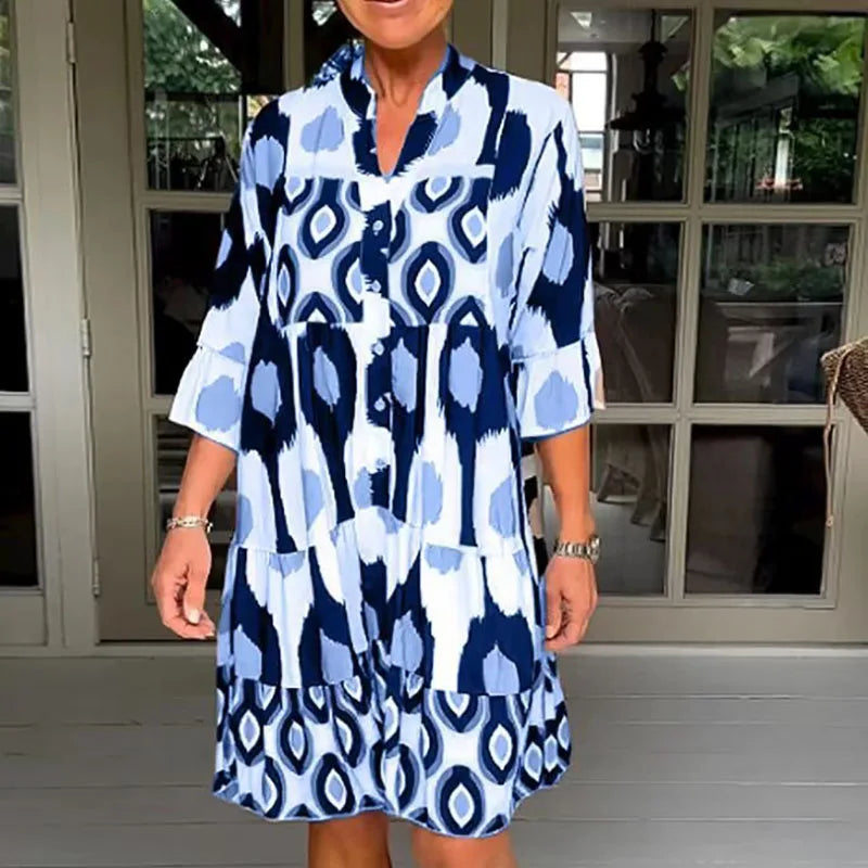 Women's Midi Dress - Loose Fit - Mandarin Collar - 3/4 Sleeve - Geometric Print