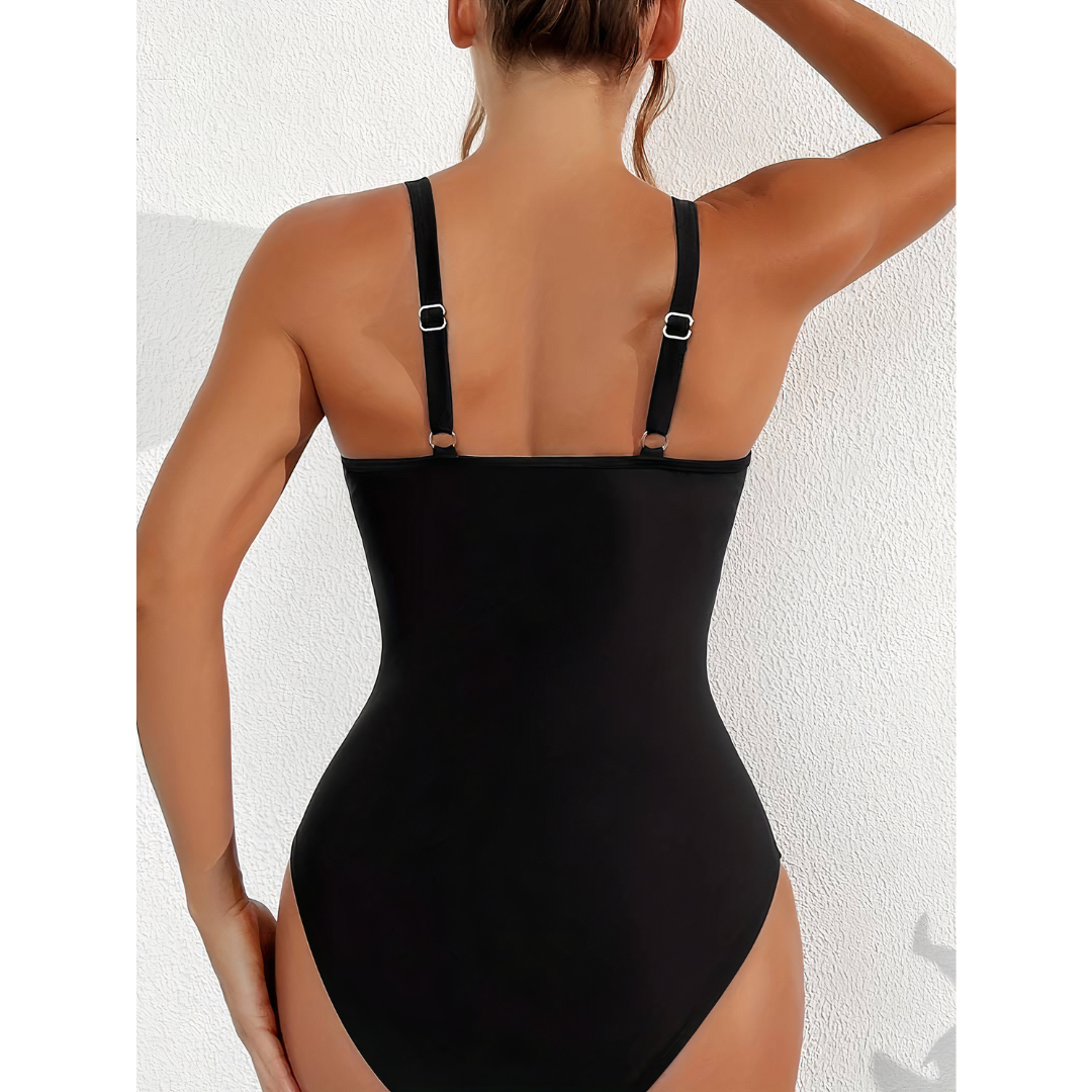 Women’s One-Piece Swimsuit – Mesh Paneling – Deep V-Neck – High Leg Cut – Supportive Fit