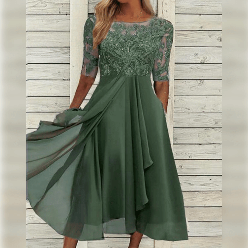Women's Midi Dress - Lace Embroidered Bodice - A-Line Layered Skirt - Three-Quarter Sleeves