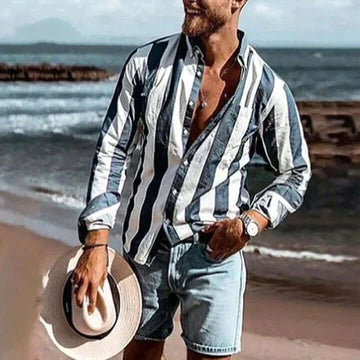Men’s Button-Up Shirt - Relaxed Fit - Long Sleeve Striped Lightweight Casual Wear