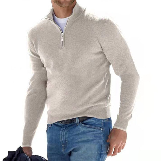 Men’s Sweater – Wool Knit – Regular Fit – Zip Neck Pullover – Ribbed Trim