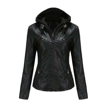 Women's Faux Leather Biker Jacket - Slim Fit - Zip Closure - Hooded - Multiple Pockets