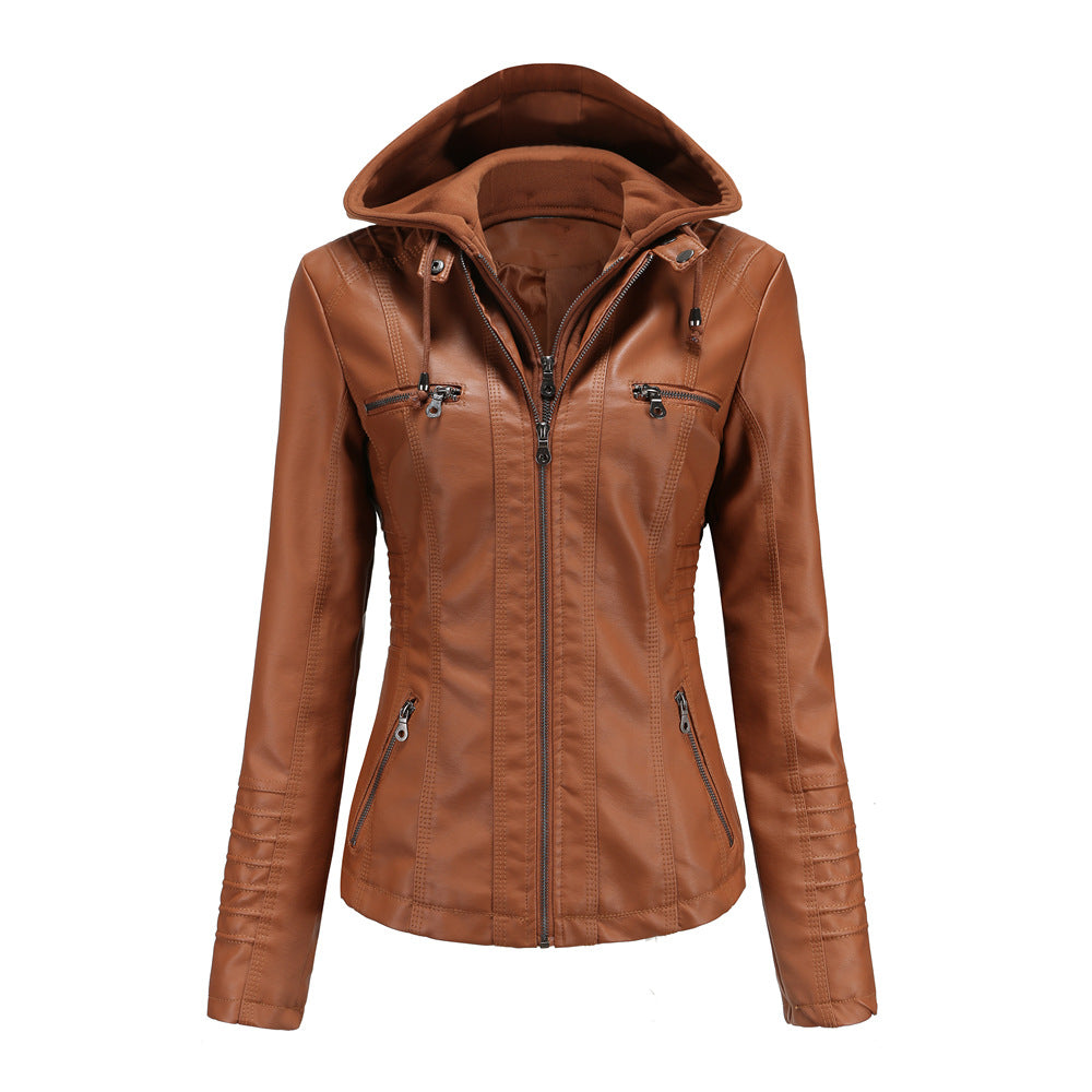 Women's Faux Leather Biker Jacket - Slim Fit - Zip Closure - Hooded - Multiple Pockets