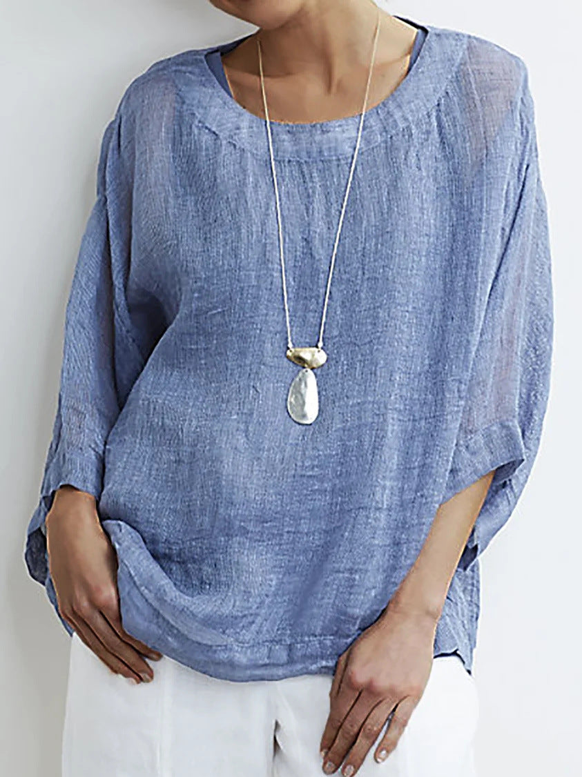 Women’s Casual Top – Loose Fit – 3/4 Sleeve – Round Neck Breathable