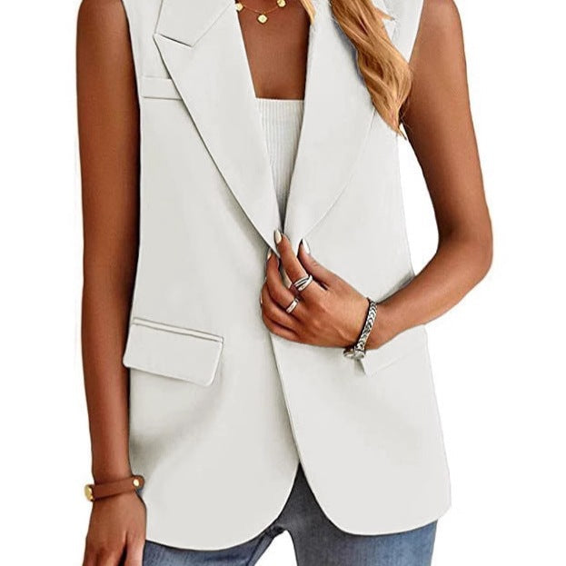 Women’s Blazer Vest – Tailored Fit – Sleeveless – Notched Lapel – Single Button – Hip Length