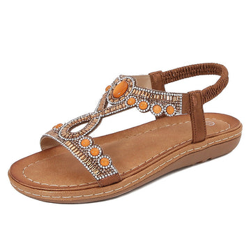 Women’s Sandals – Flat Sole – Cushioned Footbed – Boho Crystal Thong Strap