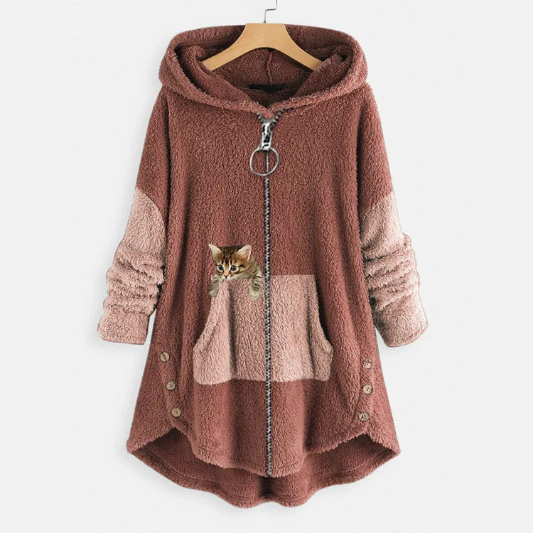 Women’s Long Hooded Jacket – Oversized Fit – Sherpa Fleece – Kangaroo Pocket – High-Low Hem