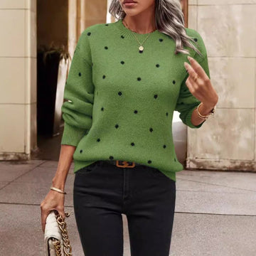 Women’s Pullover Sweater – Relaxed Fit – Knitted Wool Blend – Polka Dot – Long Sleeve