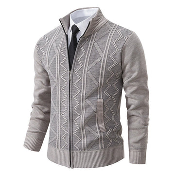 Men’s Cardigan Jacket – Wool Knit – Tailored Fit – Stand Collar – Zipper Front