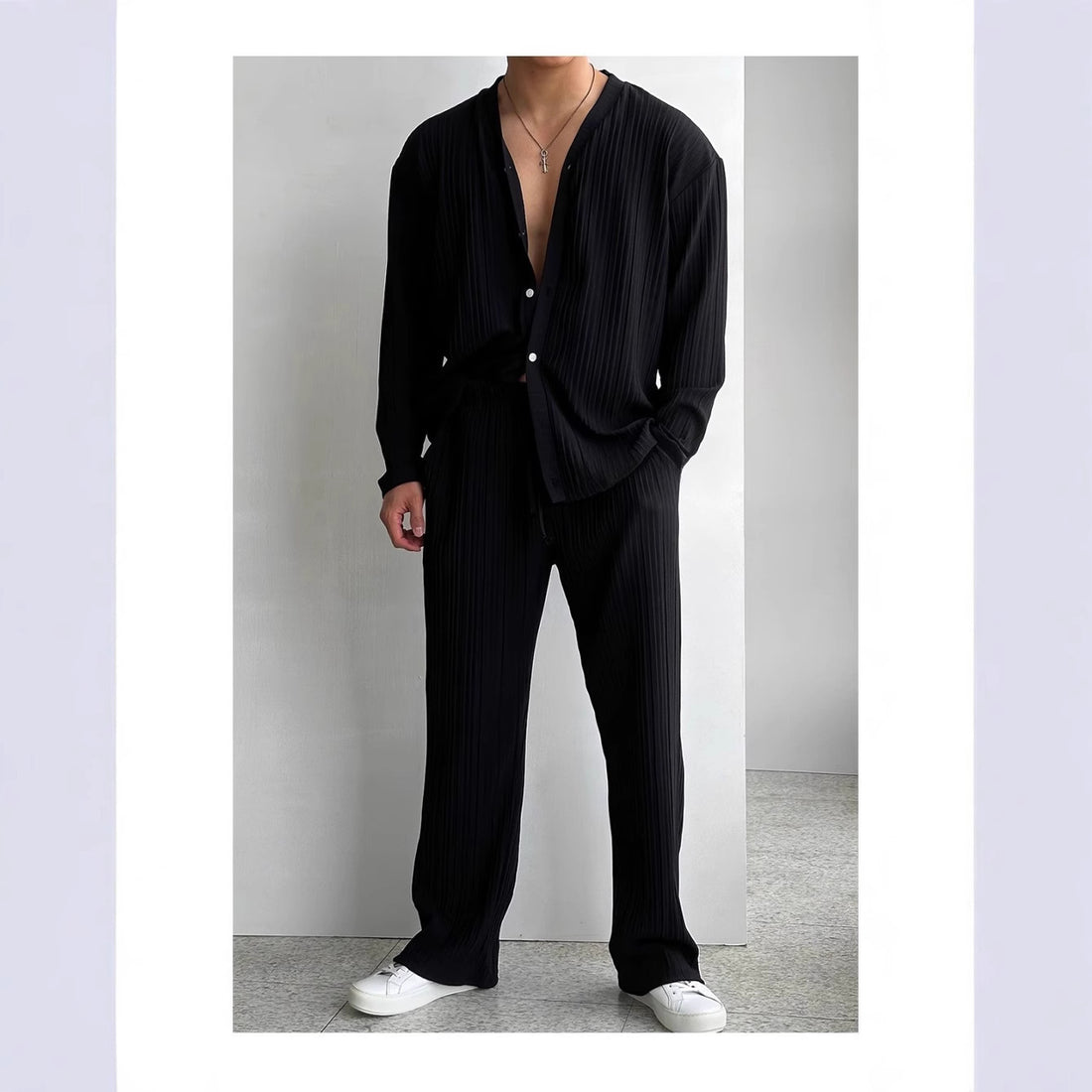 Men’s Lounge Set - Long Sleeve Shirt - Elastic Waist Pants - Relaxed Fit - Pleated Texture