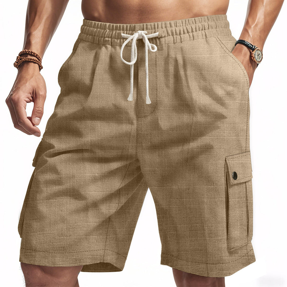 Men’s Cargo Shorts – Relaxed Fit – Bamboo Linen – Elastic Waist – Multi-Pocket Design