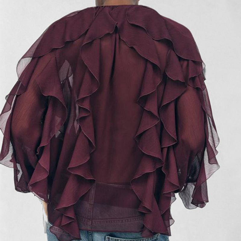 Women’s Blouse – V-Neck – Loose Fit – Long Sleeve – Sheer Fabric – Ruffle Front