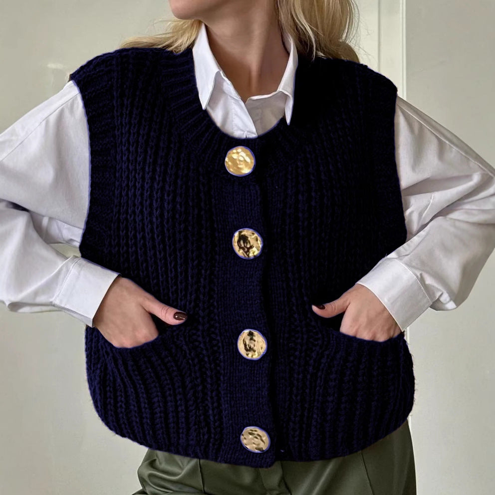 Women’s Knitted Vest – Wool Blend – Oversized Fit – Ribbed – Button Front – Pockets