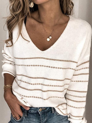 Women’s Sweatshirts – Relaxed Fit Knit – V-Neck – Striped – Full Sleeve Wool Blend