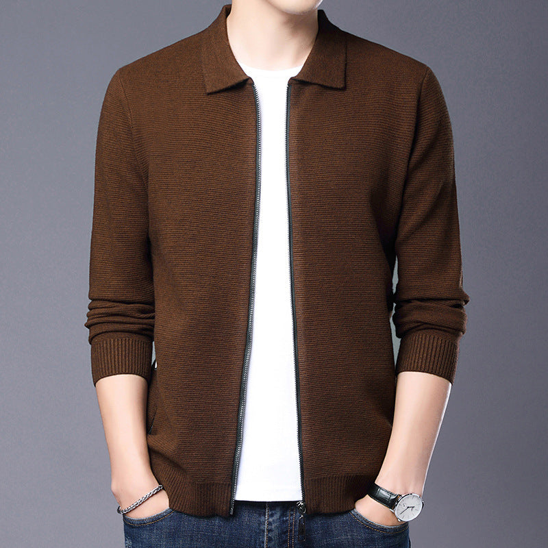 Men’s Cardigan – Wool – Slim Fit – Zip Front – Classic Collar – Ribbed Trim