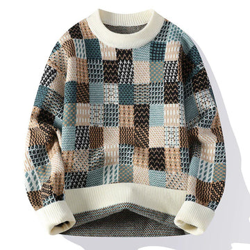 Men’s Pullover Sweater – Relaxed Fit – Wool Knit – Checkerboard Patchwork – Crew Neck