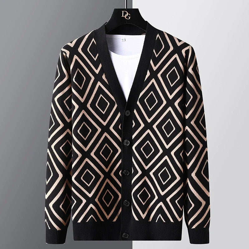Men’s Cardigan Sweater – Slim Fit – Knitted Jacquard – V-Neck – Button Front Layer