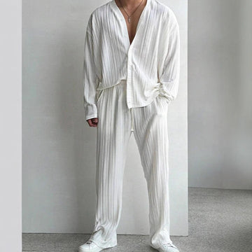 Men’s Lounge Set - Long Sleeve Shirt - Elastic Waist Pants - Relaxed Fit - Pleated Texture
