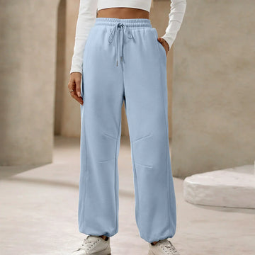 Women’s Relaxed Fit Trousers – High Waist – Cotton Feel – Full Length – Drawstring Waist