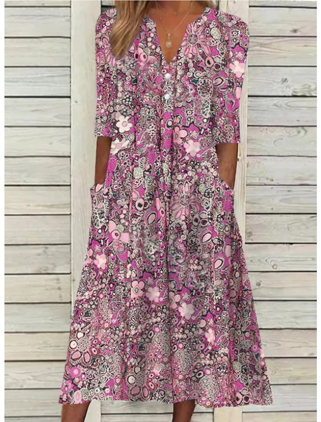 Women's Maxi Dress - Bohemian Print - V-Neck - Three-Quarter Sleeve - Button-Down
