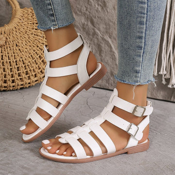 Women’s Flat Sandals – Faux Leather – Roman Style – Open Toe – Buckled Ankle Strap