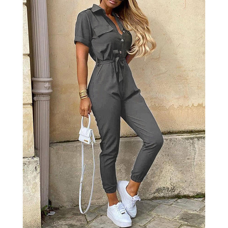 Women's Short Sleeve Cargo Jumpsuit