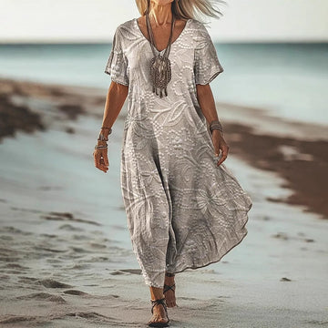 Women’s Mid-Length Dress – A-Line Fit – V-Neck – Short Sleeve – Breathable Blend – Floral Pattern