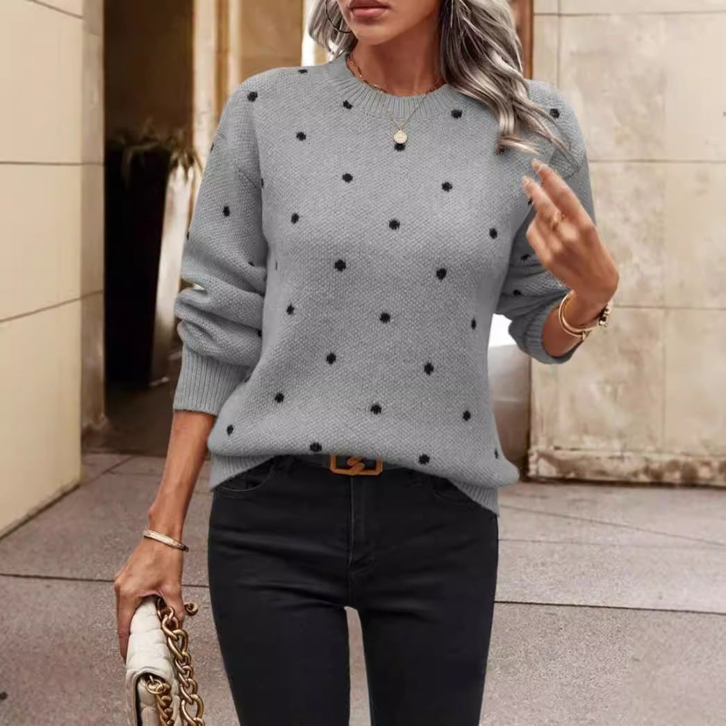 Women’s Pullover Sweater – Relaxed Fit – Knitted Wool Blend – Polka Dot – Long Sleeve