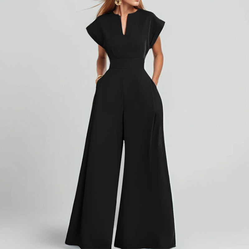 Women’s Jumpsuit – V-Neck – Loose Fit – Short Sleeve – Wide Leg – Full Length
