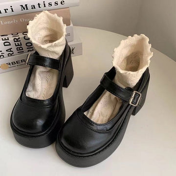 Women’s Platform Shoes – Chunky Block Heel – Faux Leather – Mary Jane Strap – Retro Toe