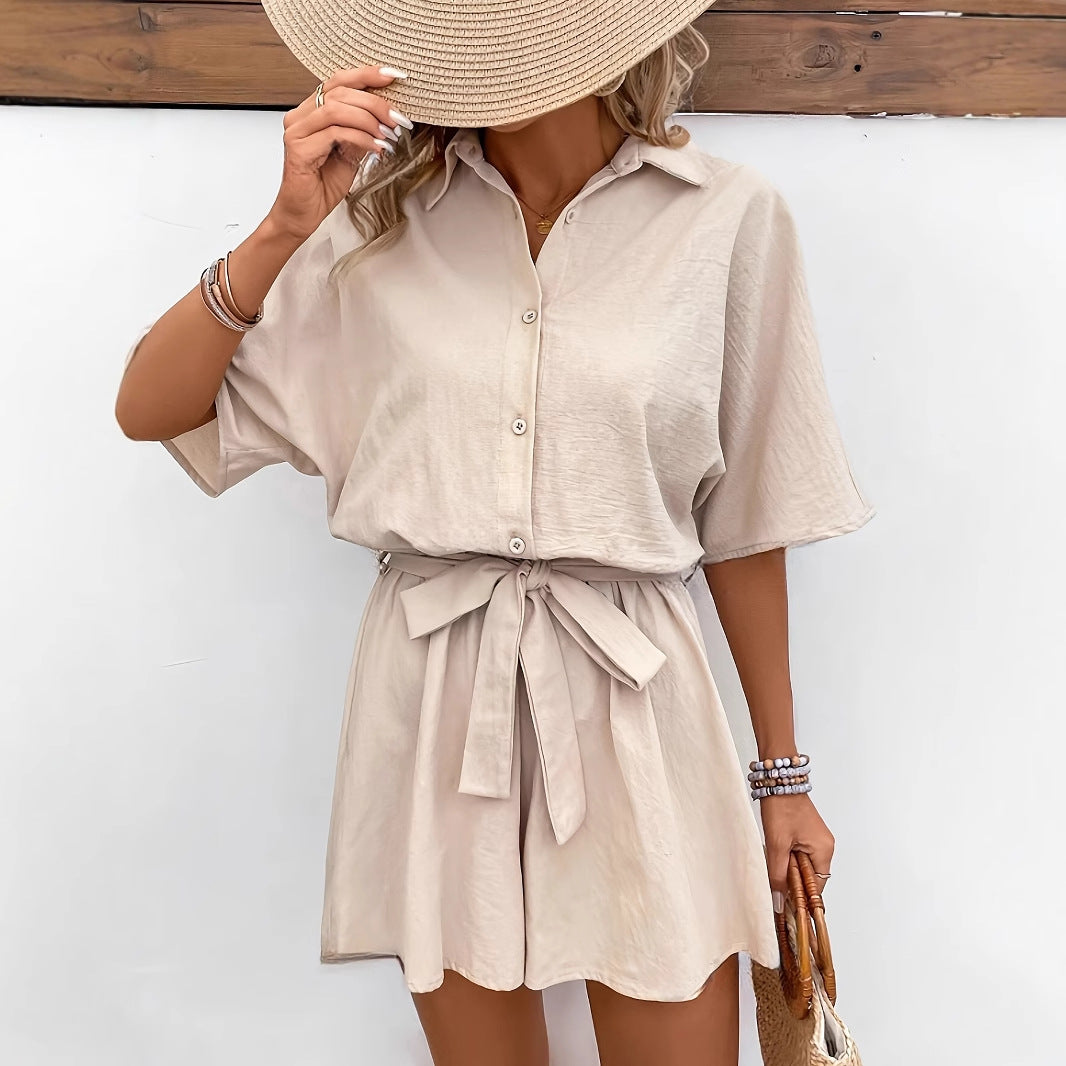 Women’s Romper – Lightweight Cotton Blend – Belted Waist – Button-Up – Short Sleeve
