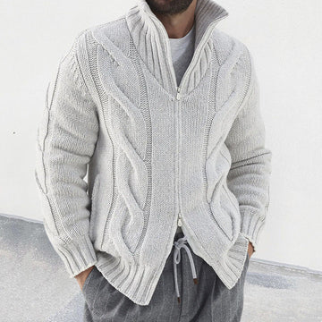 Men’s Cardigan – Wool Blend – Relaxed Fit – High Neck Zip – Cable Knit Sleeves