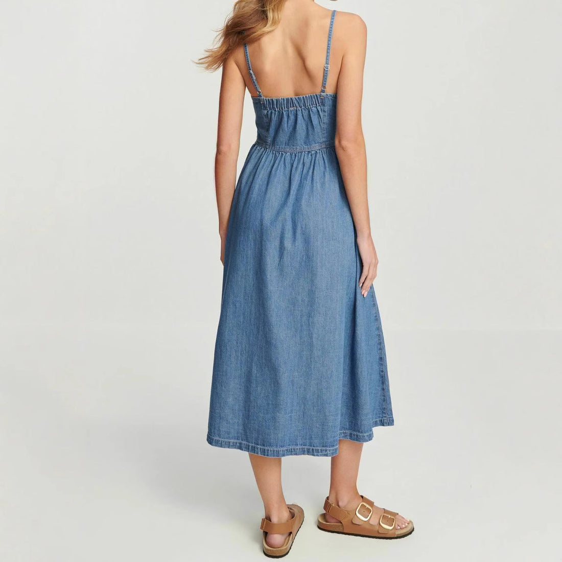 Women’s Midi Dress – Denim Fabric – A-Line Fit – Spaghetti Straps – Elastic Back