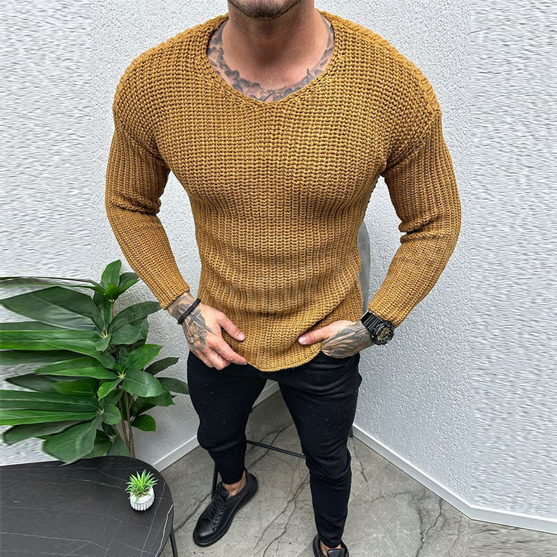 Men’s Pullover Sweater – Slim Fit – Chunky Knit Wool – Long Sleeve Crew Neck