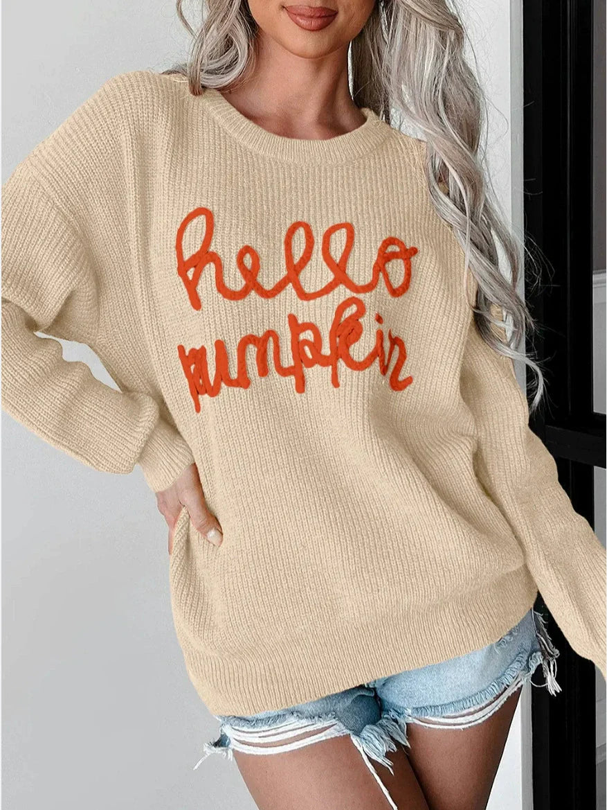 Women’s Sweater – Relaxed Fit – Wool Blend Knit – Ribbed Texture – Crochet Letter Design
