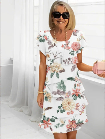 Women’s Midi Dress – Relaxed Fit – Layered Tiers – Short Sleeve – Floral Print