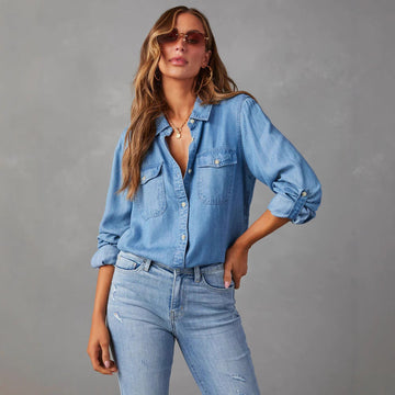 Women’s Denim Shirt – Relaxed Fit – Button Down – Long Sleeve – Chest Pockets