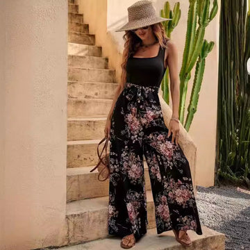 Women’s Jumpsuit – Sleeveless Floral Print – Relaxed Fit – Wide Leg – Defined Waist