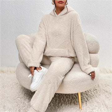 Women’s Two-Piece Loungewear Set – Plush Relaxed Hoodie – Wide-Leg Pants – Elastic Waist