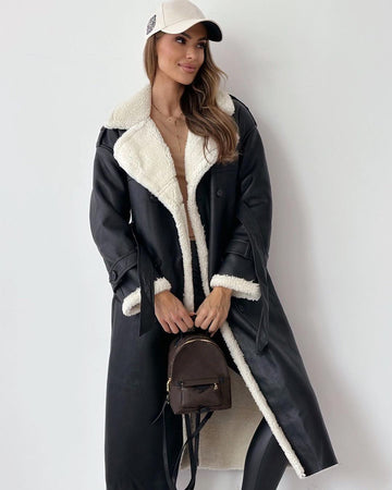 Women’s Long Coat – Oversized Fit – Leather-Look – Plush Lined – Belted Closure